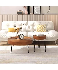 Farmhouse Round CoffeeTable Set of 2 End Table Natural Finish for Living Room