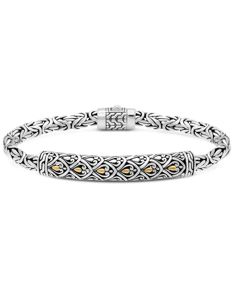 Devata Bali Dragon Skin with Borobudur Oval 5mm Chain Bracelet in Sterling Silver and 18K Gold Accents, Large 8.0 in