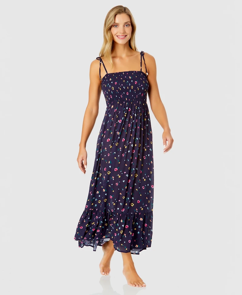 Anne Cole Women's Floral-Print Smocked Maxi Dress Swim Cover-Up