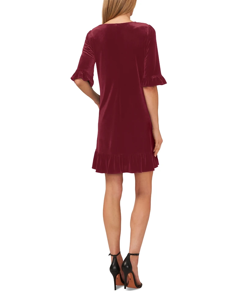 CeCe Women's Velvet 3/4-Sleeve Ruffle Trim Shift Dress