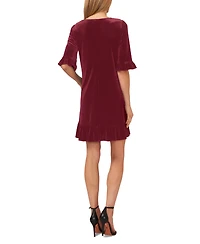 CeCe Women's Velvet 3/4-Sleeve Ruffle Trim Shift Dress