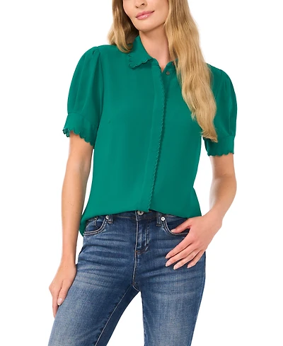 CeCe Women's Scalloped Puff-Sleeve Button-Front Top