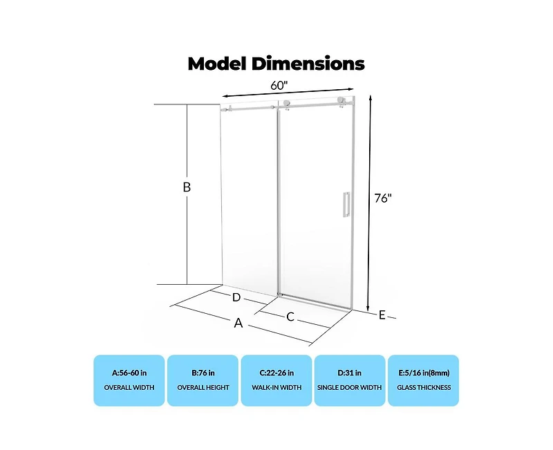 gaomon Shower Door, 56-60" W × 76" H Frameless Sliding Shower Door,Waterproof Glass Shower Door with Stainless Steel Handle and Seal Strip, 5/16"