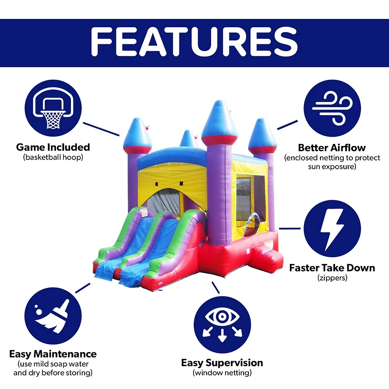 HeroKiddo Jelly Bean Castle Commercial Grade Bounce House with Dual Slide (with Blower), Kids and Adults, Basketball Hoop, Inflatable, Outdoor Indoor,