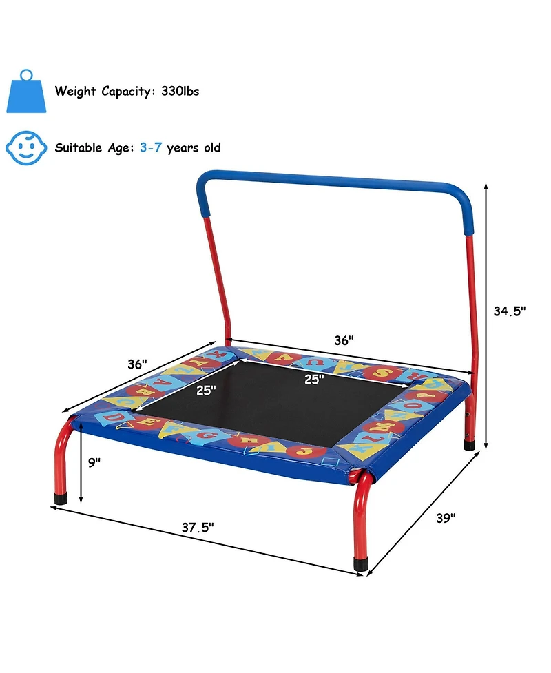 Gymax 36'' Kids Square Trampoline Indoor Outdoor Rebounder W/Foam Handrail Alphabet Pad