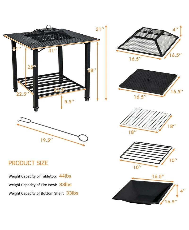 Vebreda 31 Inch Outdoor Fire Pit Dining Table with Cooking Bbq Grate