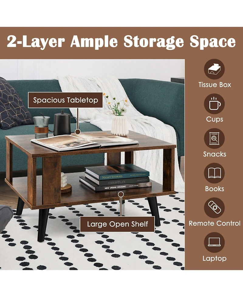 Sugift Compact Retro Mid-Century Coffee Table with Storage Open Shelf
