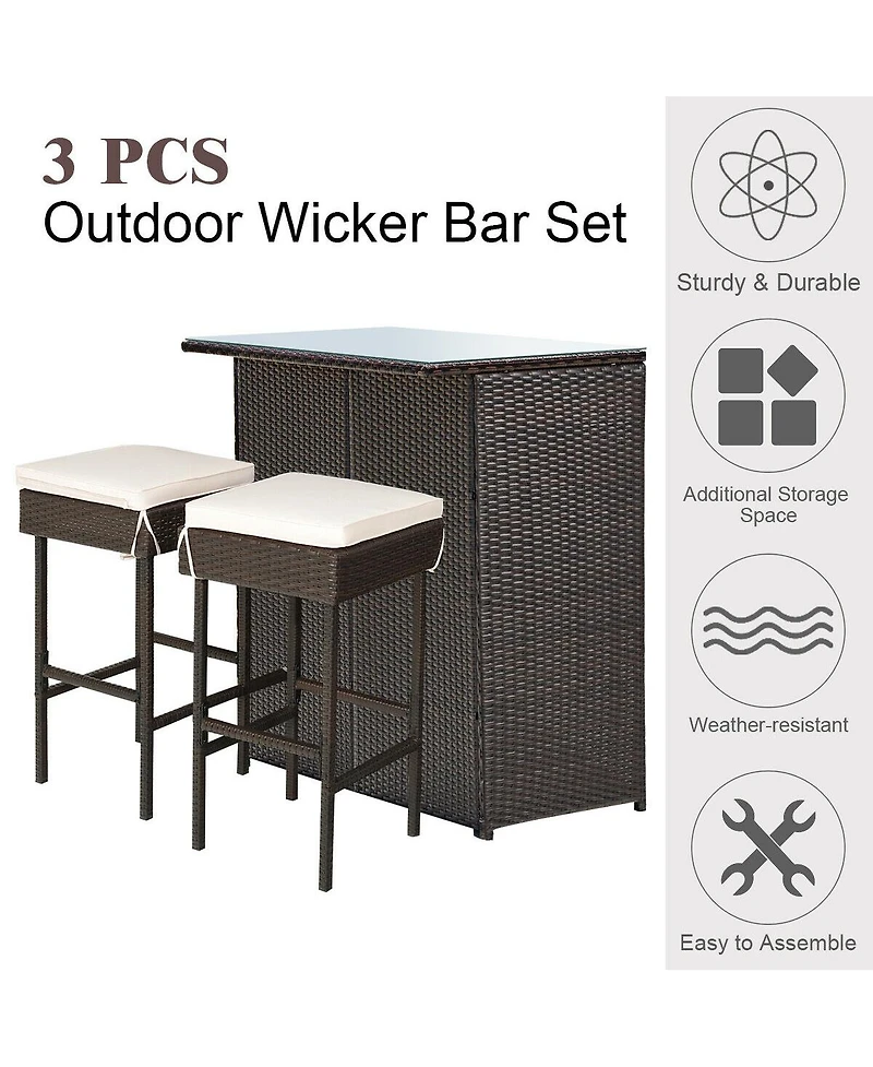 Sugift 3-piece Rattan Wicker Bar Table Stools Dining Set Cushioned Chairs