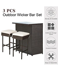 Sugift 3-piece Rattan Wicker Bar Table Stools Dining Set Cushioned Chairs
