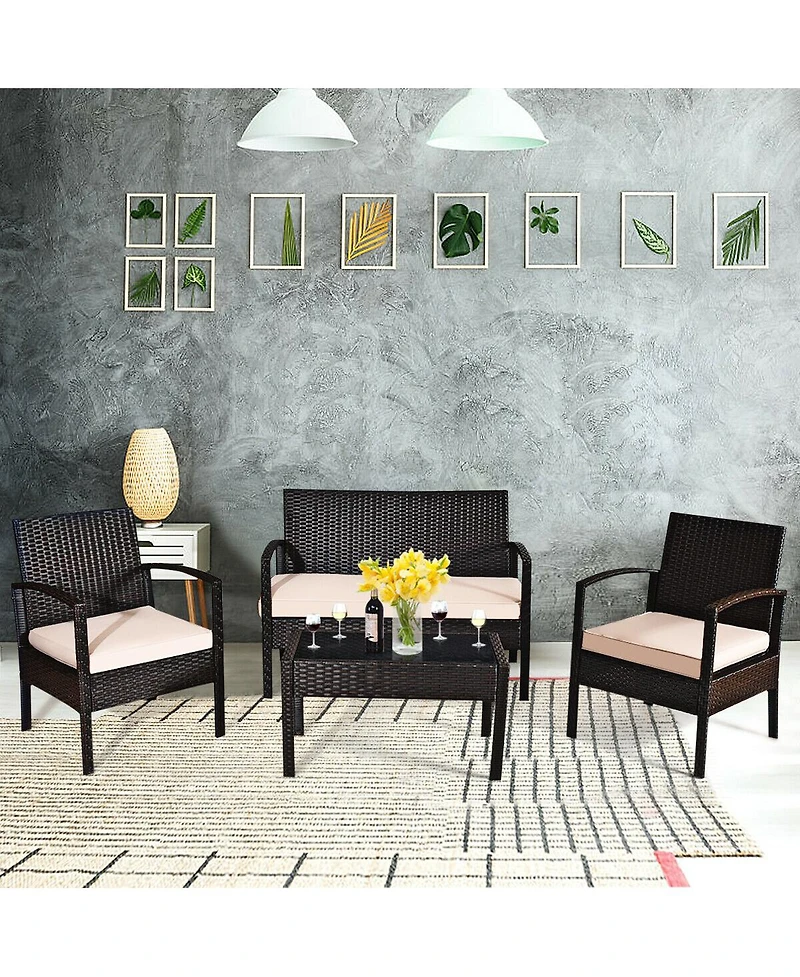 Sugift 4 Pieces Patio Ratten Conversation Set with Loveseat Sofas and Coffee Table