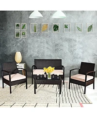 Sugift 4 Pieces Patio Ratten Conversation Set with Loveseat Sofas and Coffee Table
