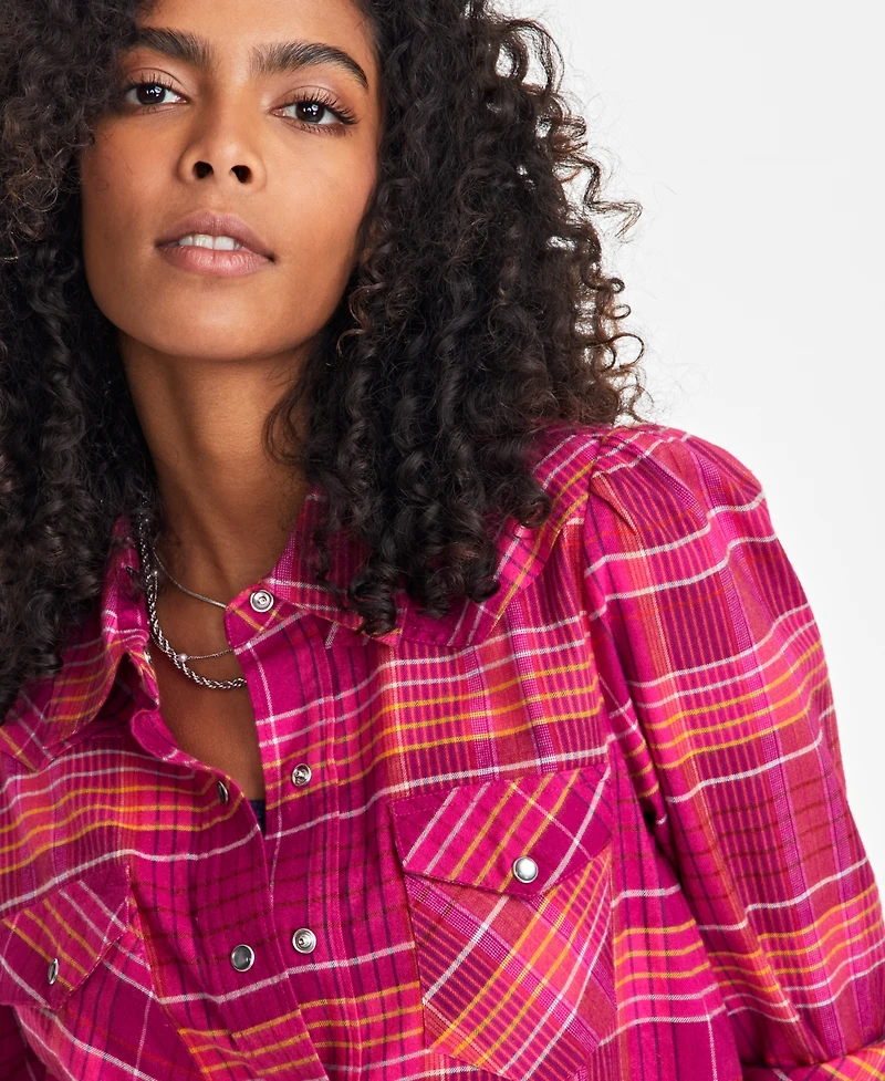 On 34th Women's Plaid Puff Sleeve Flannel Shirt, Exclusively at Macy's