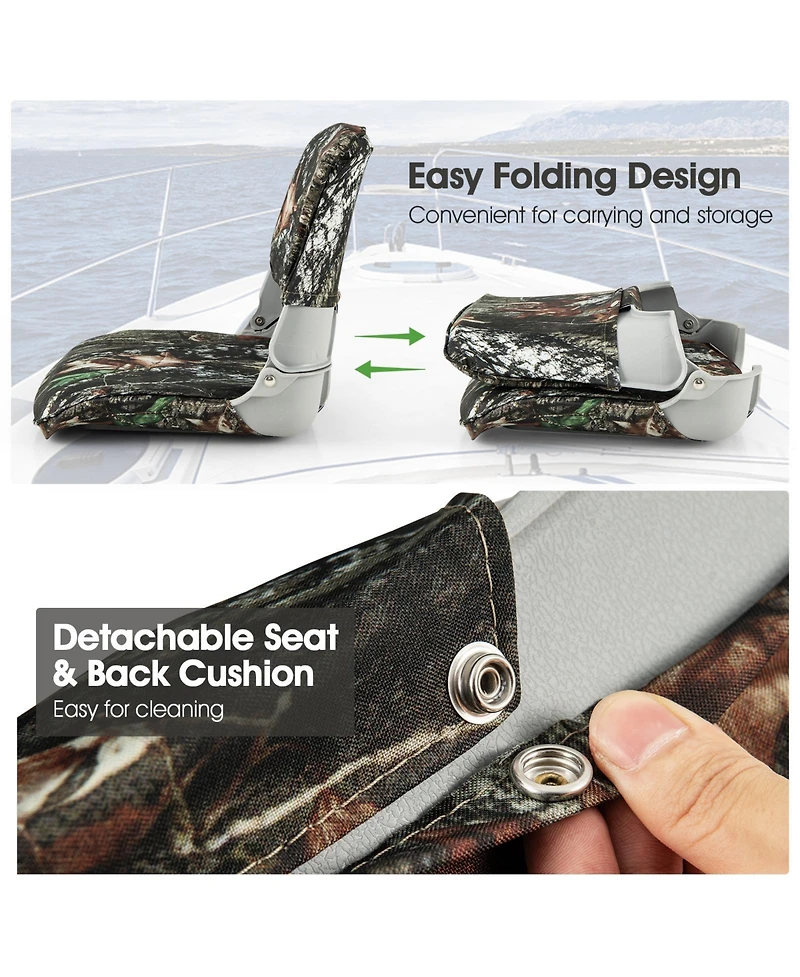 Vebreda Low Back Folding Padded Boat Seat with 4 Bolts for Outdoor Adventures-Camouflage