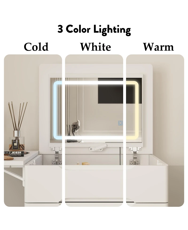 Famapy White Closet Drawer Vanity With Light Mirror And Stool