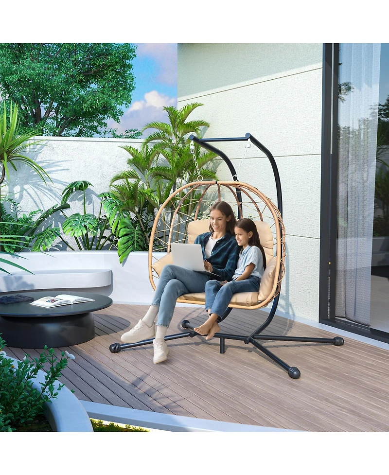 Pamapic Outdoor 2-Person Hanging Wicker Double Egg Porch Swing Chair with Stand and Beige Cushion