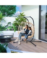 Pamapic Outdoor 2-Person Hanging Wicker Double Egg Porch Swing Chair with Stand and Beige Cushion