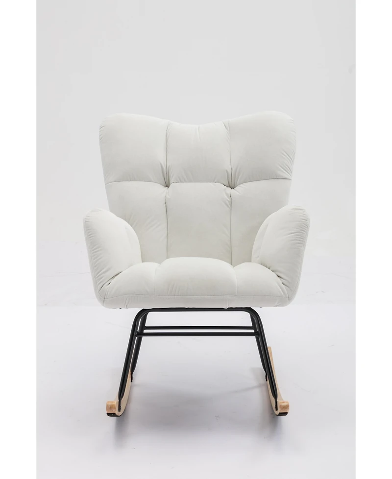 Mid Century Modern Velvet Tufted Upholstered Rocking Chair Padded Seat for Living Room Bedroom, White