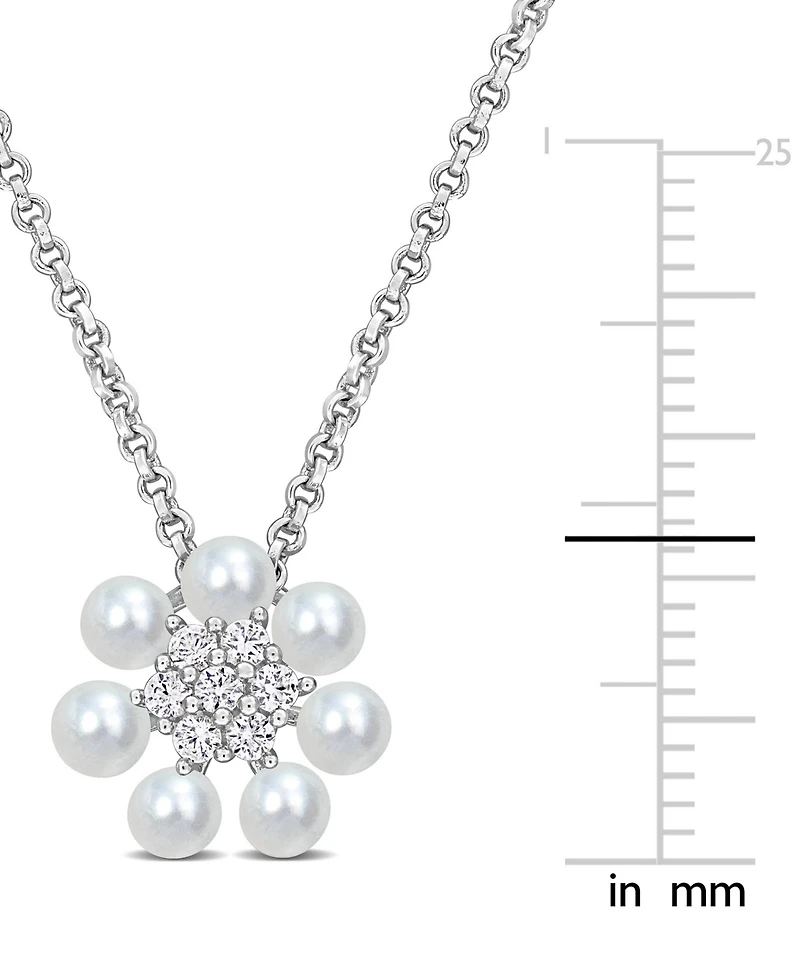 Cultured Freshwater Pearl (3-3-1/2mm) and Lab Grown White Sapphire (1/8 ct. t.w.) Flower 18" Pendant Necklace in Sterling Silver