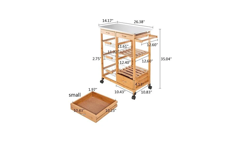 Slickblue Moveable Kitchen Cart with Stainless Steel Table Top, Three Drawers, and Three Baskets in Burlywood for Versatile Storage and Convenience