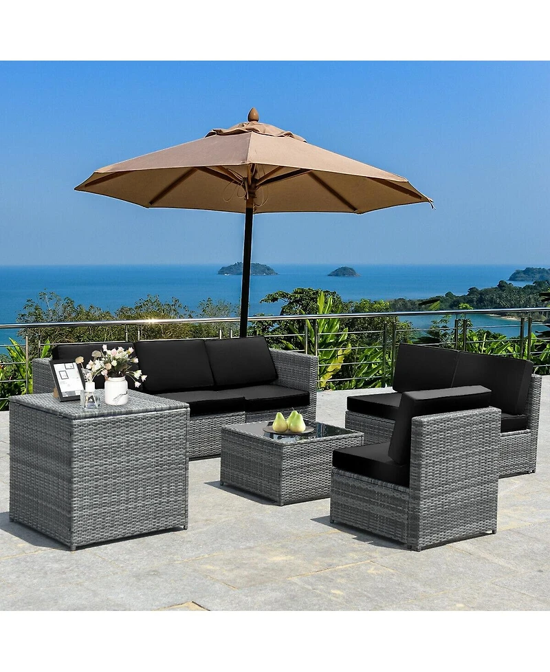Sugift 8 Piece Wicker Sofa Rattan Dinning Set Patio Furniture with Storage Table-Black