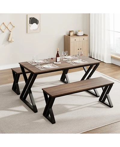 gaomon 45” Dining Table with Benches, Kitchen Table Set for 4-6, Rectangular Dining Room Table Set with Sturdy Metal Frame