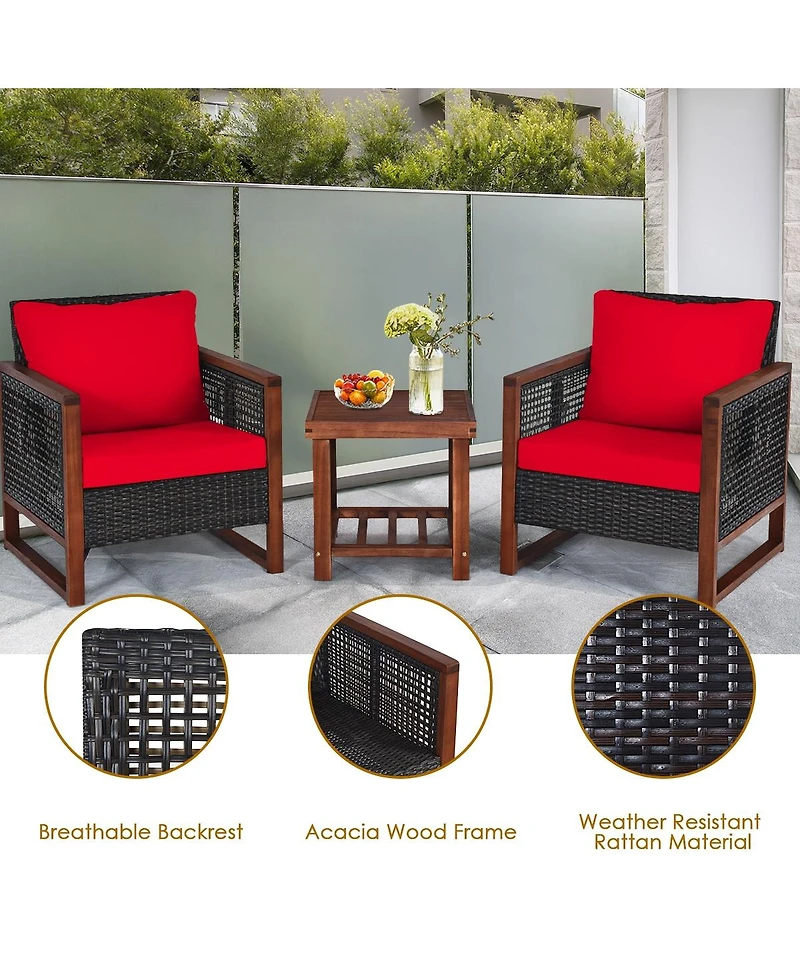 Sugift 3 Pieces Acacia Wood Patio Furniture Set with Coffee Table-Red