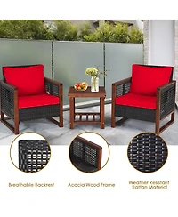Sugift 3 Pieces Acacia Wood Patio Furniture Set with Coffee Table-Red