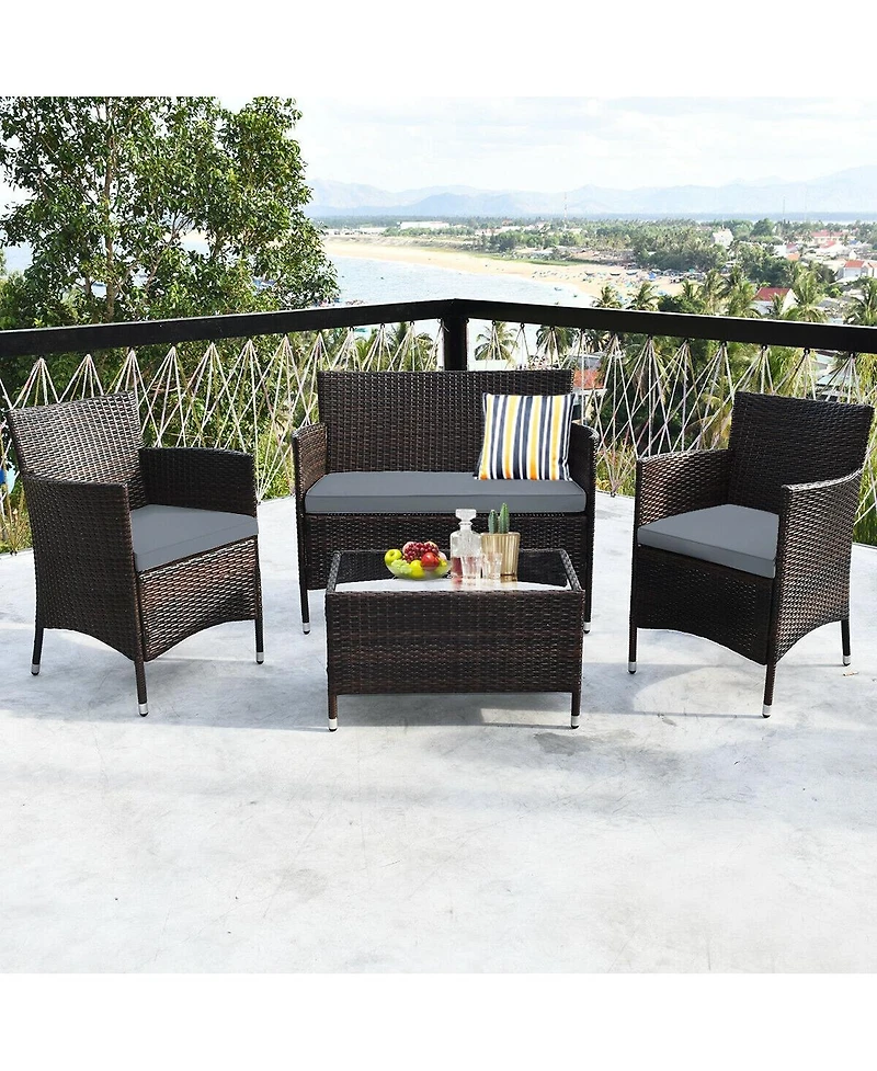 Sugift 4 Pieces Comfortable Outdoor Rattan Sofa Set with Glass Coffee Table-Gray