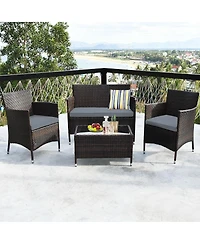 Sugift 4 Pieces Comfortable Outdoor Rattan Sofa Set with Glass Coffee Table-Gray