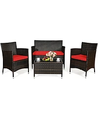 Sugift 4 Pieces Comfortable Rattan Outdoor Conversation Furniture Set with Glass Table