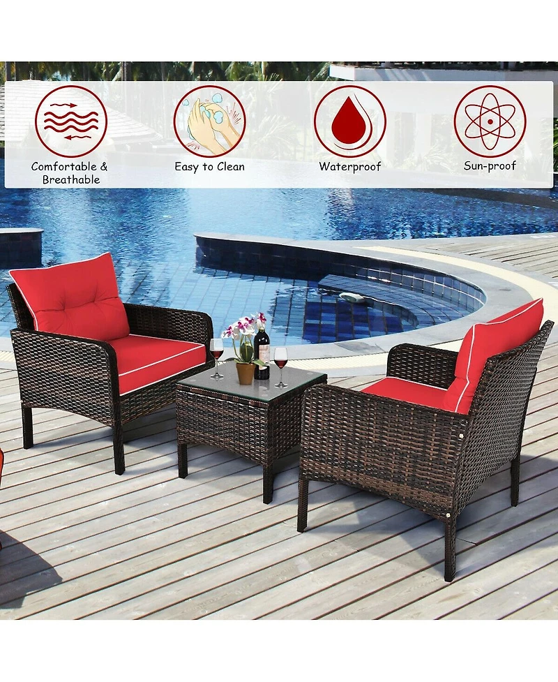 Sugift 3 Pcs Outdoor Patio Rattan Conversation Set with Seat Cushions-Red