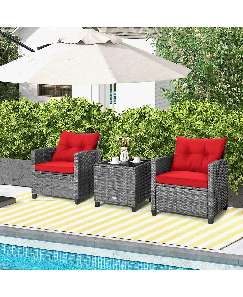 Sugift 3 Pieces Outdoor Wicker Conversation Set with Tempered Glass Tabletop-Red