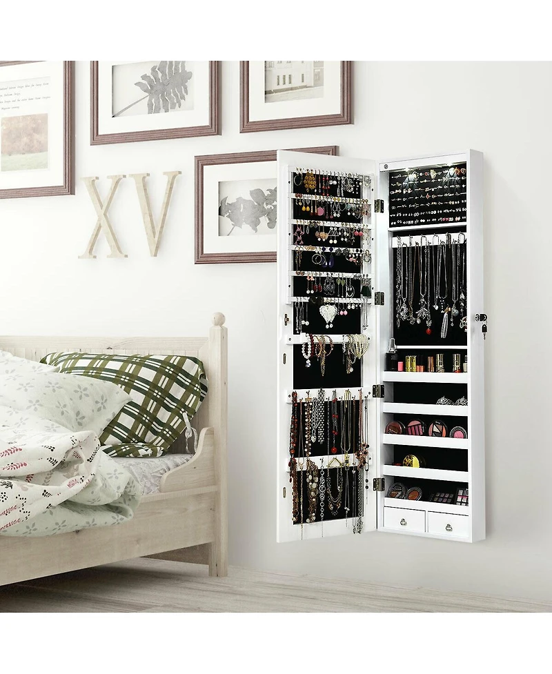 Sugift Wall and Door Mounted Mirrored Jewelry Cabinet with Lights-White