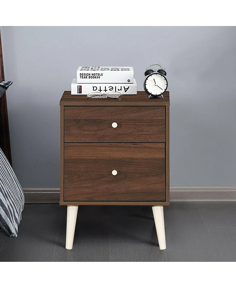 Sugift 2-Drawer Nightstand Beside End Side Table with Rubber Legs-Brown