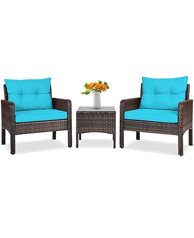 Sugift 3 Pcs Outdoor Patio Rattan Conversation Set with Seat Cushions-Turquoise