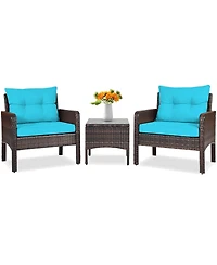 Sugift 3 Pcs Outdoor Patio Rattan Conversation Set with Seat Cushions-Turquoise