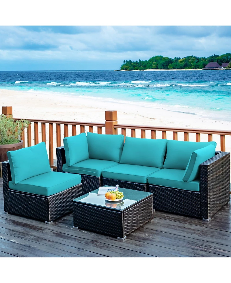 Sugift 5 Pieces Cushioned Patio Rattan Furniture Set with Glass Table-Turquoise