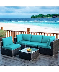 Sugift 5 Pieces Cushioned Patio Rattan Furniture Set with Glass Table-Turquoise