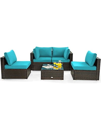 Sugift 5 Pieces Cushioned Patio Rattan Furniture Set with Glass Table-Turquoise