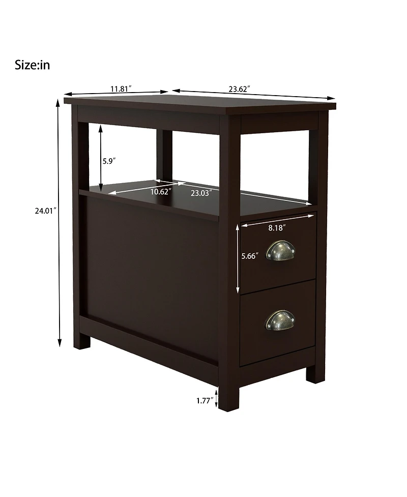 Compact End Table Nightstand – Narrow Bedside Table with Drawers & Shelf for Bedroom or Sofa Side