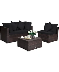 Sugift 4 Pieces Ottoman Garden Patio Rattan Wicker Furniture Set with Cushion-Black