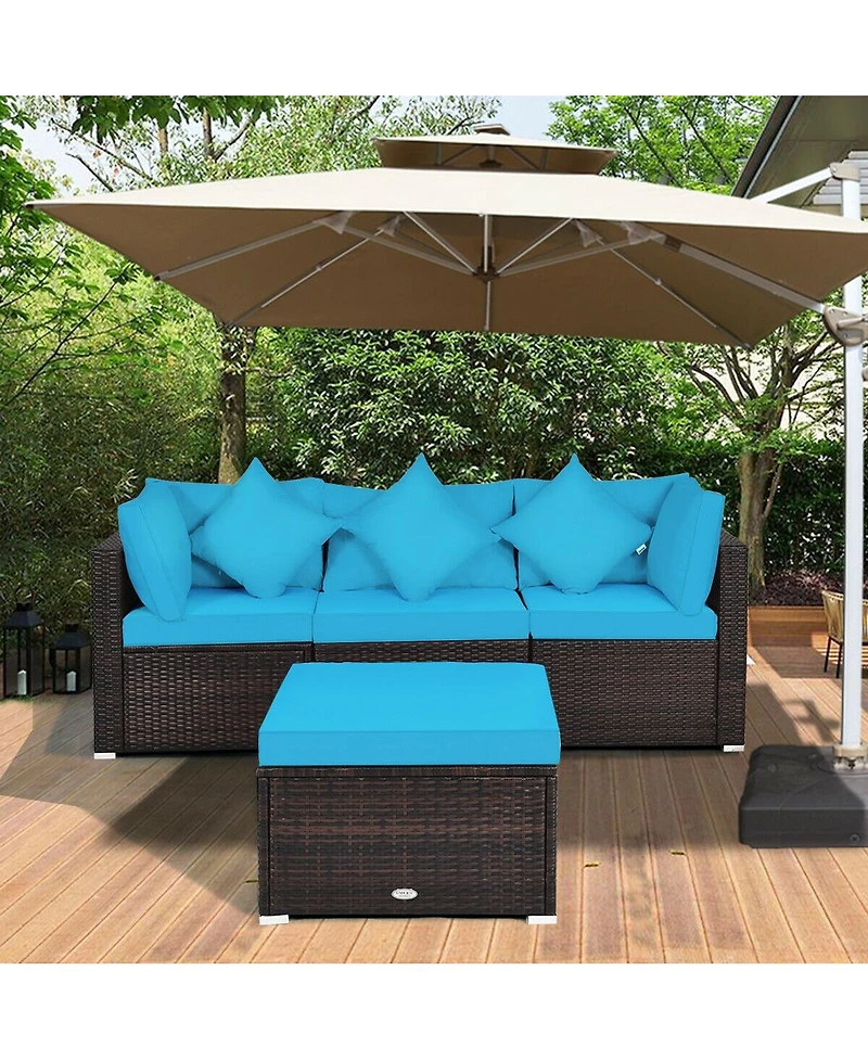 Sugift 4 Pcs Ottoman Garden Deck Patio Rattan Wicker Furniture Set Cushioned Sofa-Turquoise