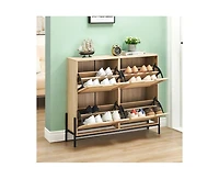 gaomon Natural Rattan Shoe Storage Cabinet, Freestanding Shoe Cabinet with 4 Flip Drawers, Modern Shoe Organizer with Adjustable Shelves, Ideal for Fr