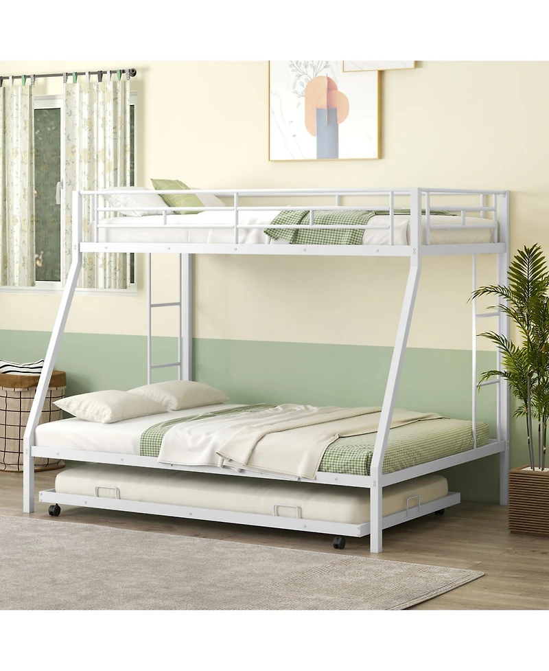 Sugift Twin Over Full Bunk Bed Frame with Trundle for Guest Room-White