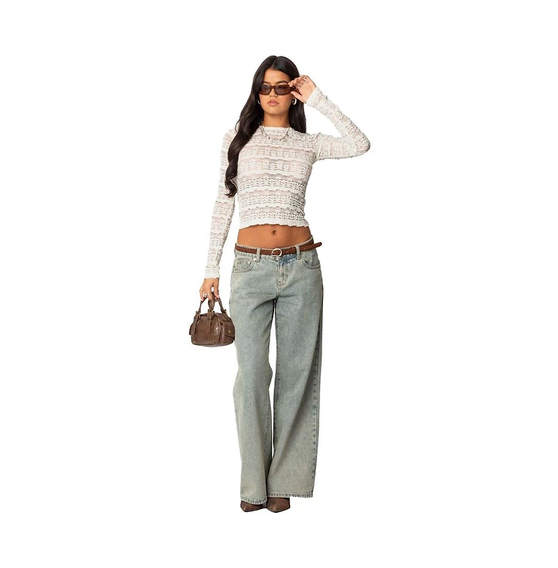Edikted Womens Daisey Textured Sheer Lace Top