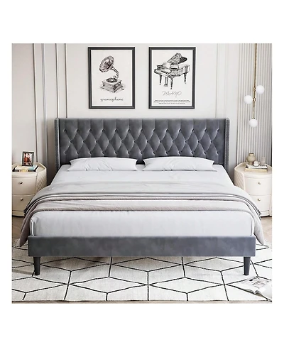 gaomon Full/Queen/King Size Bed Frame With Headboard, Modern King Bed Frame, Deep Button Tufted Headboard With Wingback, Velvet Upholstered Platform B