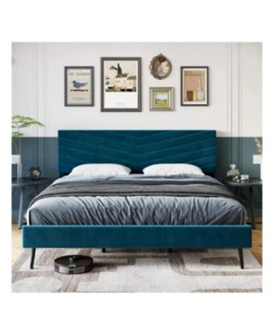 Gaomon Full Queen King Size Upholstered Bed Frame Velvet Bed Frame Queen With Adjustable Headboard Platform Bed Frame Headboard Noise Free No Box Spring Needed Beige Blue