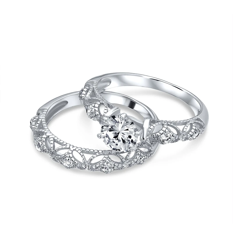 Bling Jewelry 1 Ct Round Cubic Zirconia Solitaire Cz promise ring Band Set .925 Sterling Silver