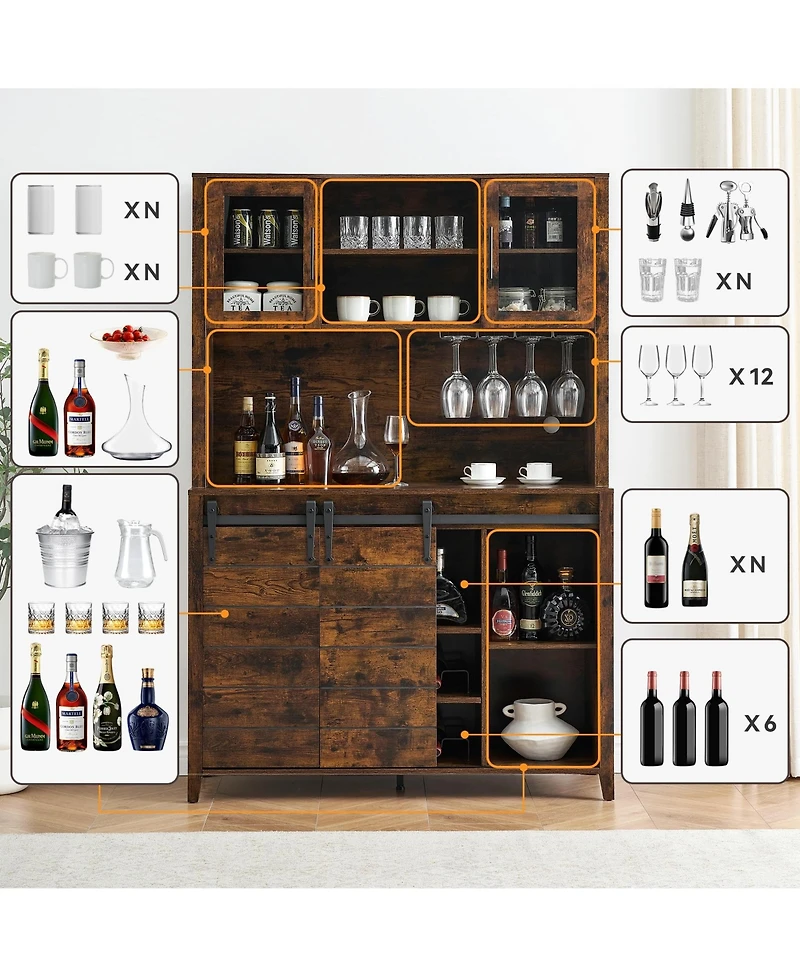 gaomon 70" Farmhouse Coffee Bar Wine Cabinet with Sliding Barn Doors and Storage