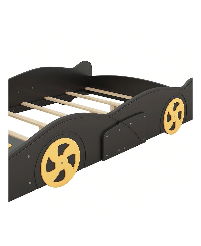 gaomon Full Size Platform Bed, Solid Wood Race Car-Shaped Bed Frame With Wheels And Storage Space For Boys Girls Teens Bedroom, No Box Spring Needed